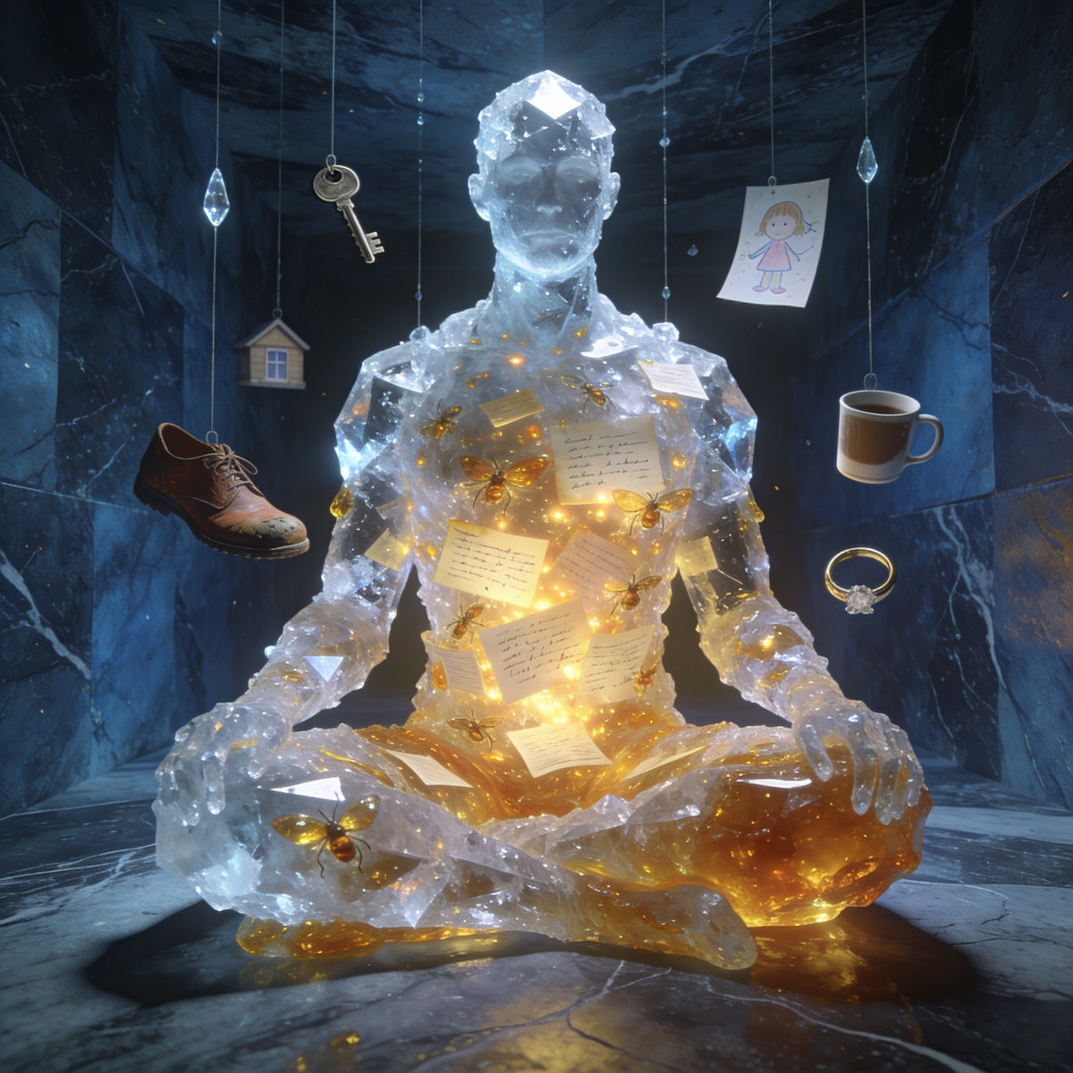 The Meaning Seeker — crystalline figure in meditation, surrounded by floating symbols of human experience